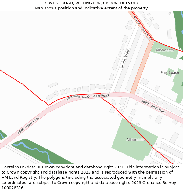 3, WEST ROAD, WILLINGTON, CROOK, DL15 0HG: Location map and indicative extent of plot