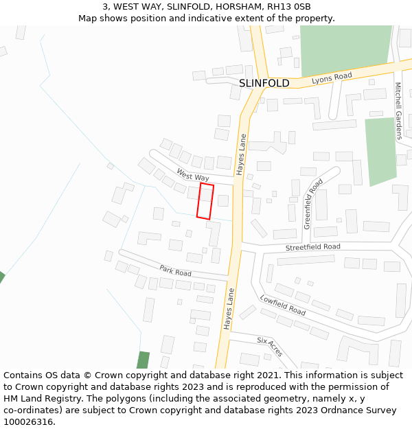 3, WEST WAY, SLINFOLD, HORSHAM, RH13 0SB: Location map and indicative extent of plot