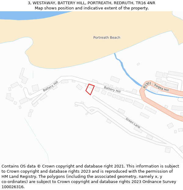 3, WESTAWAY, BATTERY HILL, PORTREATH, REDRUTH, TR16 4NR: Location map and indicative extent of plot