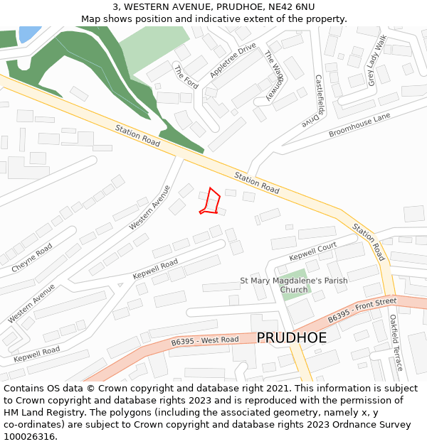 3, WESTERN AVENUE, PRUDHOE, NE42 6NU: Location map and indicative extent of plot