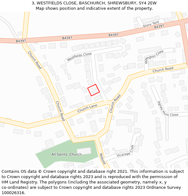 3, WESTFIELDS CLOSE, BASCHURCH, SHREWSBURY, SY4 2EW: Location map and indicative extent of plot