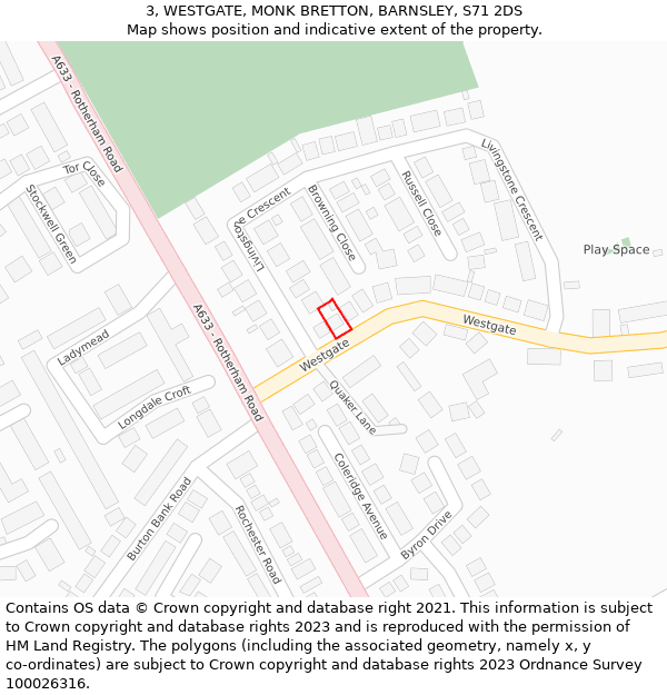 3, WESTGATE, MONK BRETTON, BARNSLEY, S71 2DS: Location map and indicative extent of plot