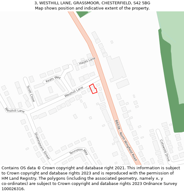 3, WESTHILL LANE, GRASSMOOR, CHESTERFIELD, S42 5BG: Location map and indicative extent of plot