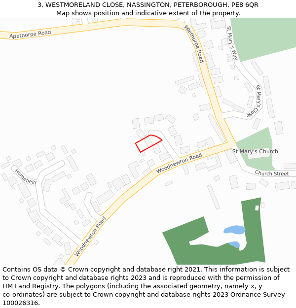 3, WESTMORELAND CLOSE, NASSINGTON, PETERBOROUGH, PE8 6QR: Location map and indicative extent of plot