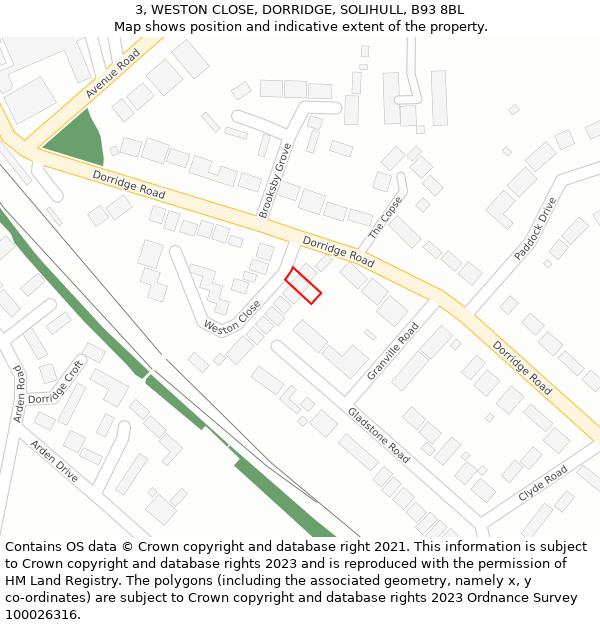 3, WESTON CLOSE, DORRIDGE, SOLIHULL, B93 8BL: Location map and indicative extent of plot