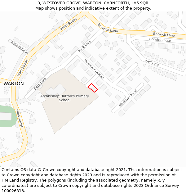 3, WESTOVER GROVE, WARTON, CARNFORTH, LA5 9QR: Location map and indicative extent of plot