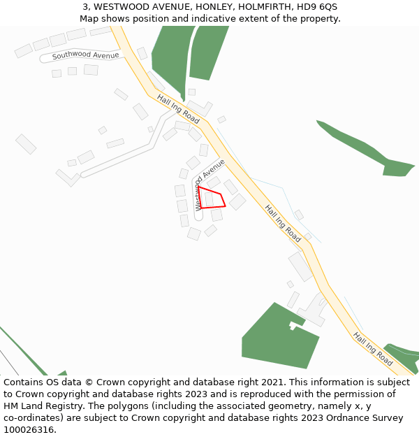 3, WESTWOOD AVENUE, HONLEY, HOLMFIRTH, HD9 6QS: Location map and indicative extent of plot