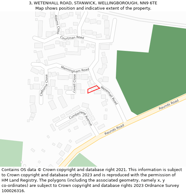 3, WETENHALL ROAD, STANWICK, WELLINGBOROUGH, NN9 6TE: Location map and indicative extent of plot