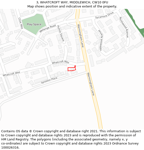 3, WHATCROFT WAY, MIDDLEWICH, CW10 0FU: Location map and indicative extent of plot