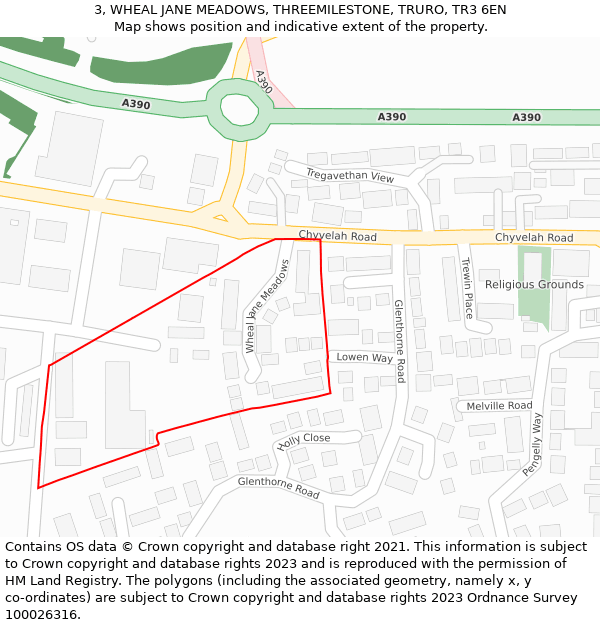 3, WHEAL JANE MEADOWS, THREEMILESTONE, TRURO, TR3 6EN: Location map and indicative extent of plot