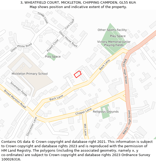 3, WHEATFIELD COURT, MICKLETON, CHIPPING CAMPDEN, GL55 6UA: Location map and indicative extent of plot