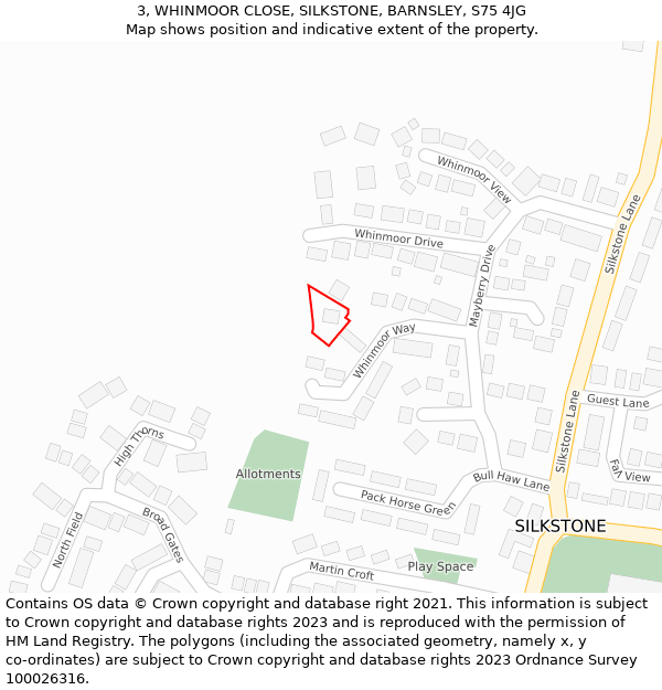 3, WHINMOOR CLOSE, SILKSTONE, BARNSLEY, S75 4JG: Location map and indicative extent of plot