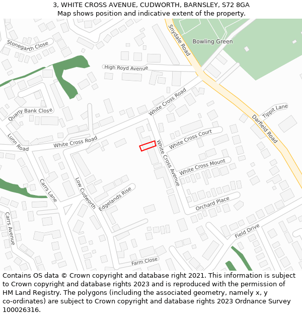 3, WHITE CROSS AVENUE, CUDWORTH, BARNSLEY, S72 8GA: Location map and indicative extent of plot