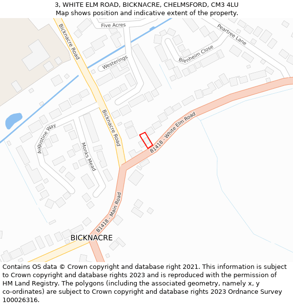 3, WHITE ELM ROAD, BICKNACRE, CHELMSFORD, CM3 4LU: Location map and indicative extent of plot