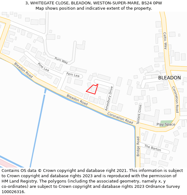 3, WHITEGATE CLOSE, BLEADON, WESTON-SUPER-MARE, BS24 0PW: Location map and indicative extent of plot