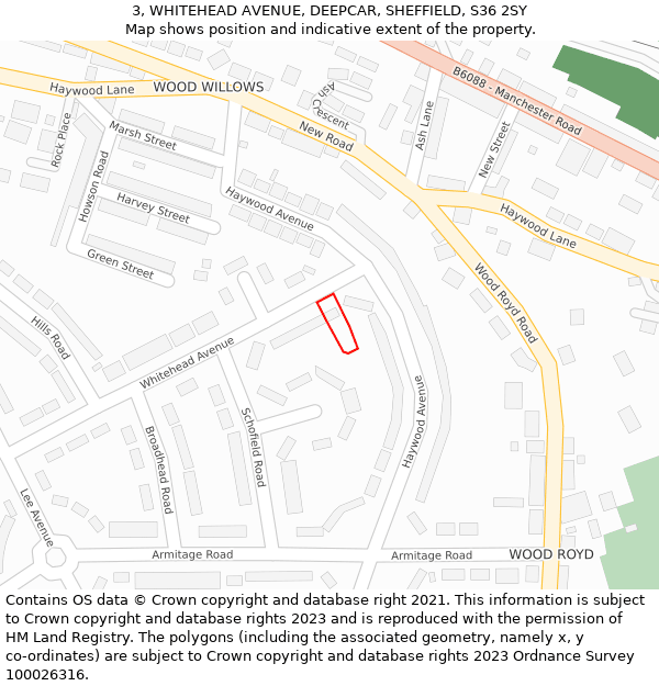 3, WHITEHEAD AVENUE, DEEPCAR, SHEFFIELD, S36 2SY: Location map and indicative extent of plot