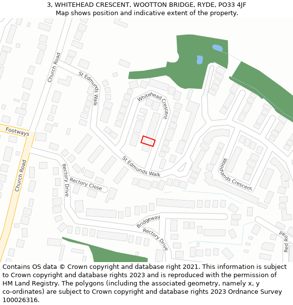 3, WHITEHEAD CRESCENT, WOOTTON BRIDGE, RYDE, PO33 4JF: Location map and indicative extent of plot