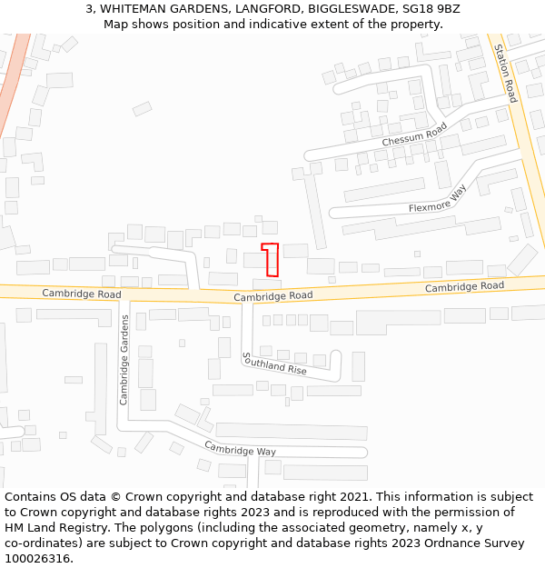 3, WHITEMAN GARDENS, LANGFORD, BIGGLESWADE, SG18 9BZ: Location map and indicative extent of plot