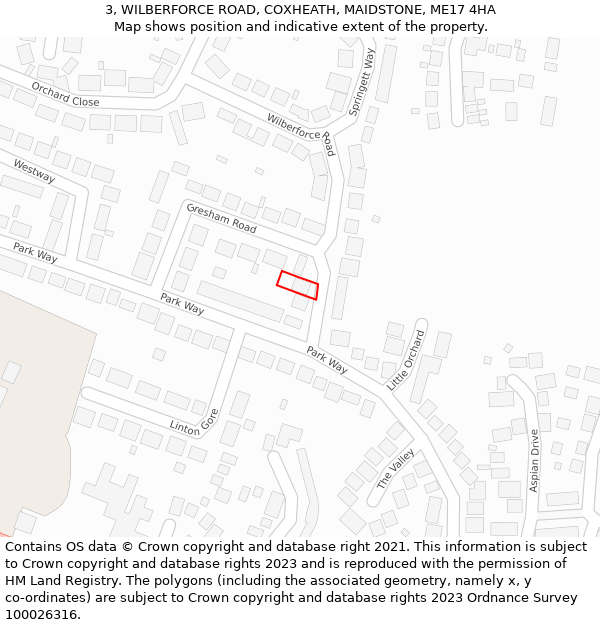3, WILBERFORCE ROAD, COXHEATH, MAIDSTONE, ME17 4HA: Location map and indicative extent of plot