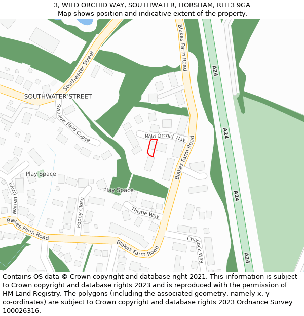 3, WILD ORCHID WAY, SOUTHWATER, HORSHAM, RH13 9GA: Location map and indicative extent of plot