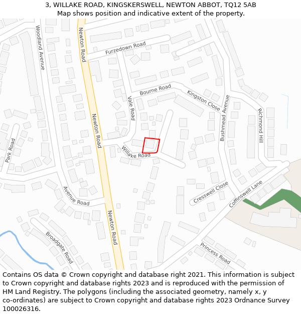 3, WILLAKE ROAD, KINGSKERSWELL, NEWTON ABBOT, TQ12 5AB: Location map and indicative extent of plot