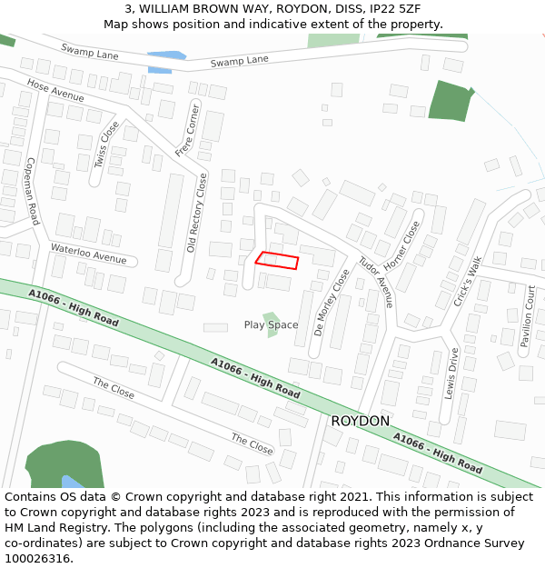 3, WILLIAM BROWN WAY, ROYDON, DISS, IP22 5ZF: Location map and indicative extent of plot