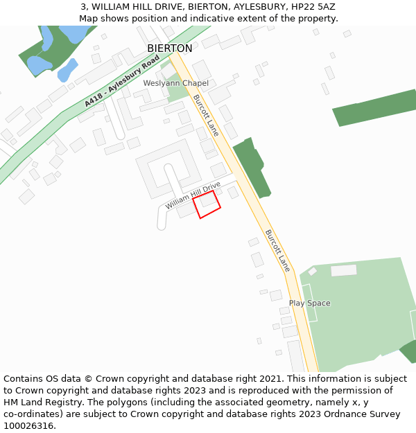 3, WILLIAM HILL DRIVE, BIERTON, AYLESBURY, HP22 5AZ: Location map and indicative extent of plot