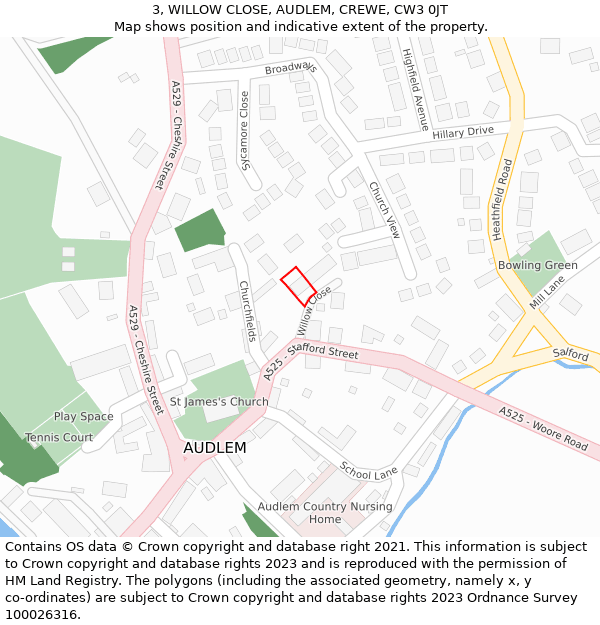 3, WILLOW CLOSE, AUDLEM, CREWE, CW3 0JT: Location map and indicative extent of plot