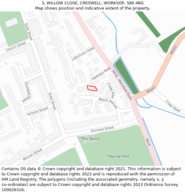 3, WILLOW CLOSE, CRESWELL, WORKSOP, S80 4BG: Location map and indicative extent of plot