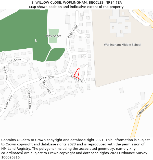 3, WILLOW CLOSE, WORLINGHAM, BECCLES, NR34 7EA: Location map and indicative extent of plot