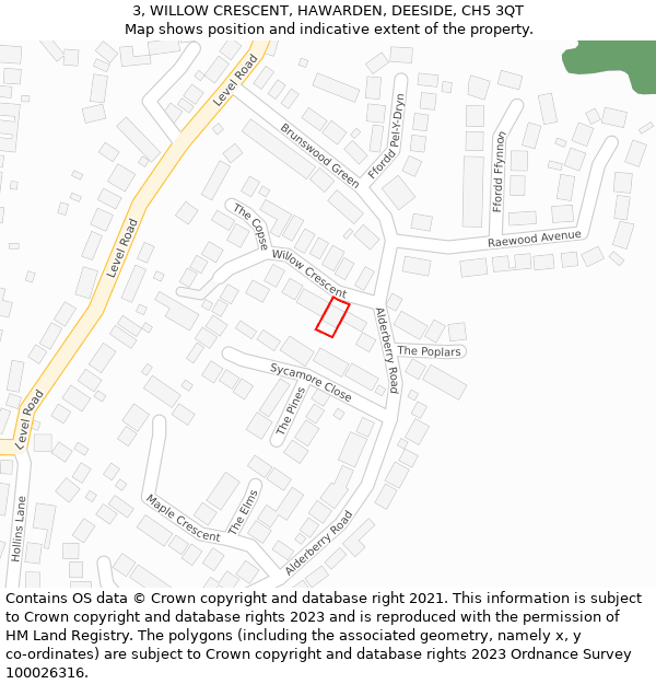 3, WILLOW CRESCENT, HAWARDEN, DEESIDE, CH5 3QT: Location map and indicative extent of plot