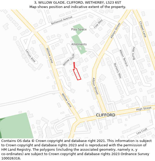 3, WILLOW GLADE, CLIFFORD, WETHERBY, LS23 6ST: Location map and indicative extent of plot
