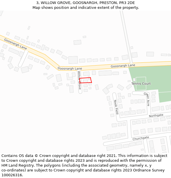 3, WILLOW GROVE, GOOSNARGH, PRESTON, PR3 2DE: Location map and indicative extent of plot