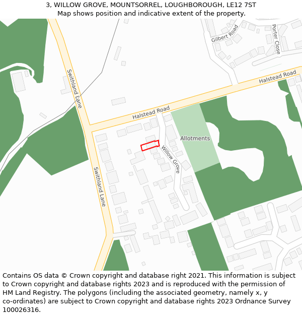 3, WILLOW GROVE, MOUNTSORREL, LOUGHBOROUGH, LE12 7ST: Location map and indicative extent of plot