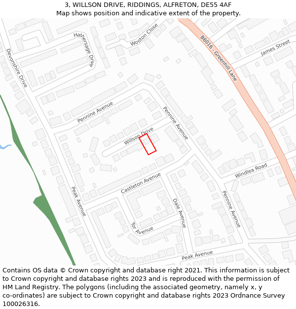 3, WILLSON DRIVE, RIDDINGS, ALFRETON, DE55 4AF: Location map and indicative extent of plot