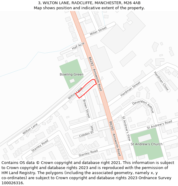 3, WILTON LANE, RADCLIFFE, MANCHESTER, M26 4AB: Location map and indicative extent of plot