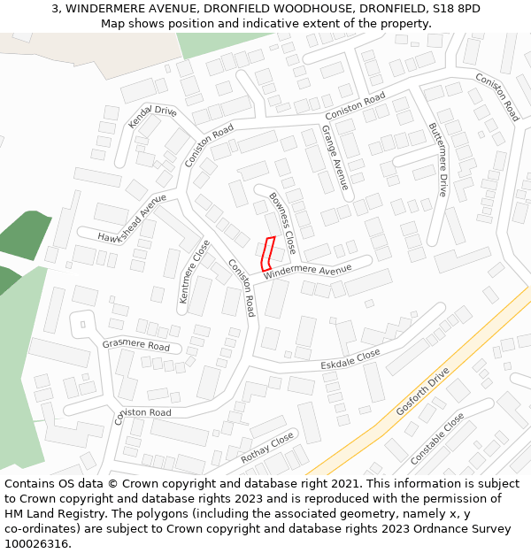 3, WINDERMERE AVENUE, DRONFIELD WOODHOUSE, DRONFIELD, S18 8PD: Location map and indicative extent of plot