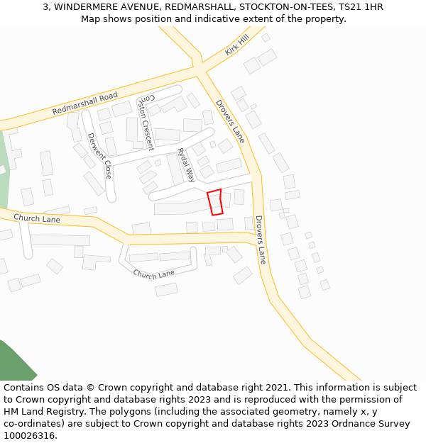 3, WINDERMERE AVENUE, REDMARSHALL, STOCKTON-ON-TEES, TS21 1HR: Location map and indicative extent of plot