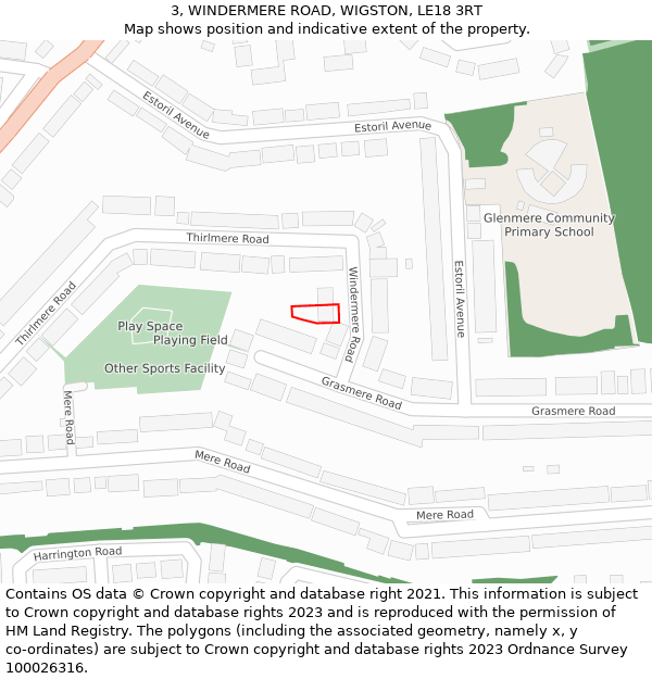 3, WINDERMERE ROAD, WIGSTON, LE18 3RT: Location map and indicative extent of plot