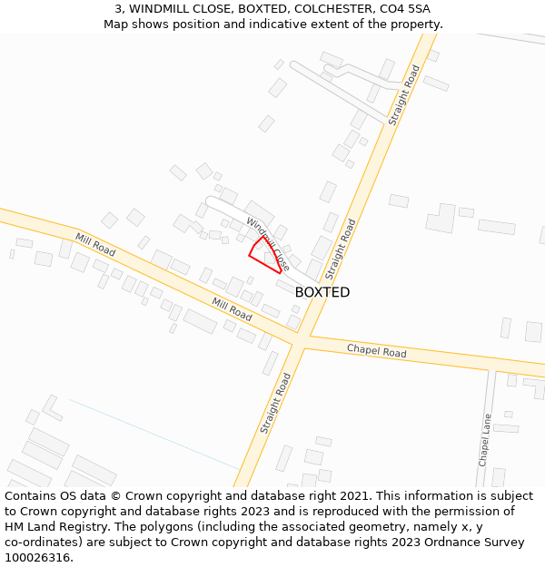 3, WINDMILL CLOSE, BOXTED, COLCHESTER, CO4 5SA: Location map and indicative extent of plot