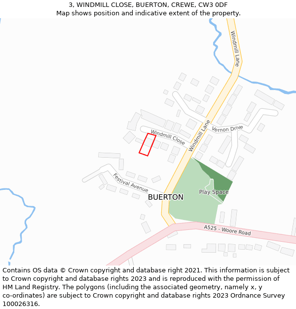 3, WINDMILL CLOSE, BUERTON, CREWE, CW3 0DF: Location map and indicative extent of plot