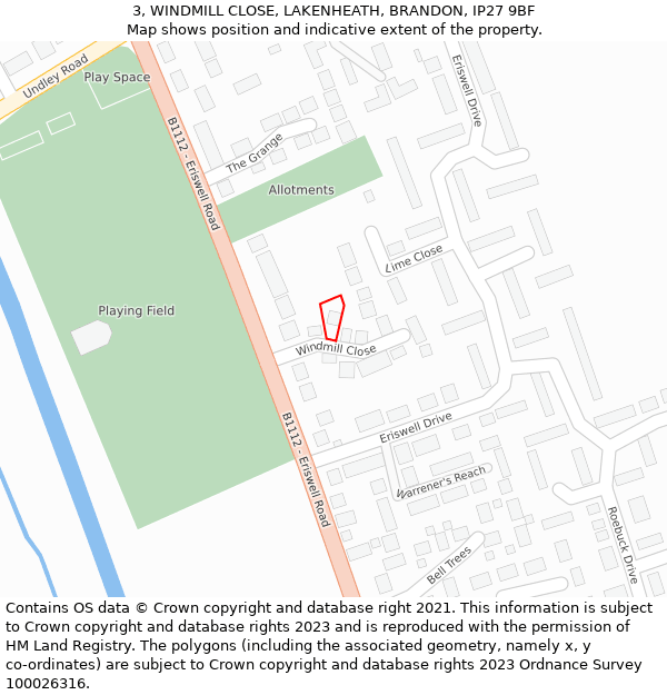 3, WINDMILL CLOSE, LAKENHEATH, BRANDON, IP27 9BF: Location map and indicative extent of plot