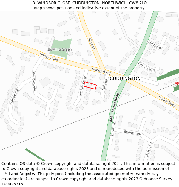 3, WINDSOR CLOSE, CUDDINGTON, NORTHWICH, CW8 2LQ: Location map and indicative extent of plot