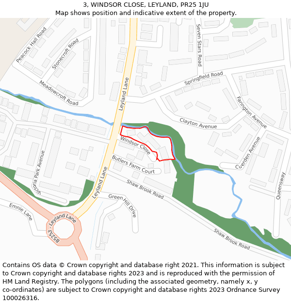 3, WINDSOR CLOSE, LEYLAND, PR25 1JU: Location map and indicative extent of plot
