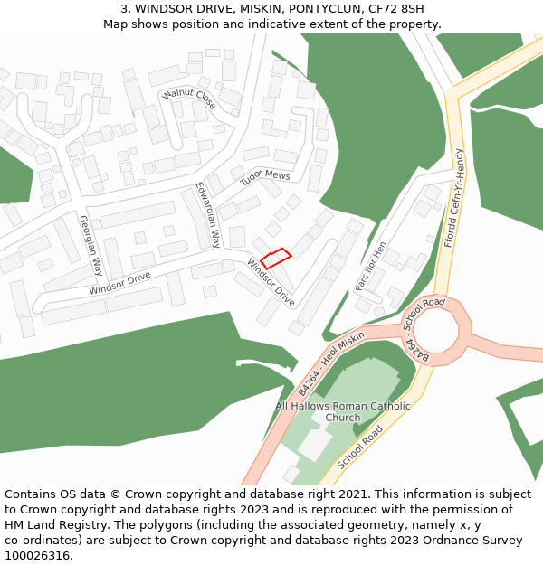 3, WINDSOR DRIVE, MISKIN, PONTYCLUN, CF72 8SH: Location map and indicative extent of plot