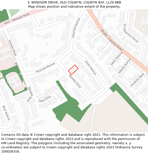 3, WINDSOR DRIVE, OLD COLWYN, COLWYN BAY, LL29 8BB: Location map and indicative extent of plot