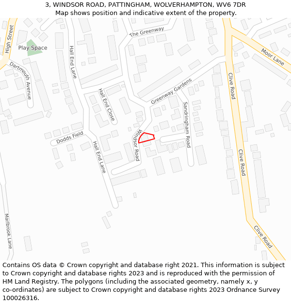 3, WINDSOR ROAD, PATTINGHAM, WOLVERHAMPTON, WV6 7DR: Location map and indicative extent of plot