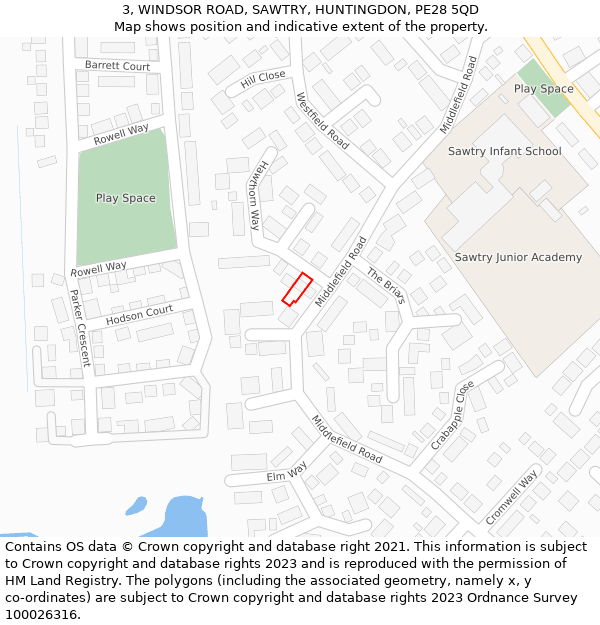 3, WINDSOR ROAD, SAWTRY, HUNTINGDON, PE28 5QD: Location map and indicative extent of plot