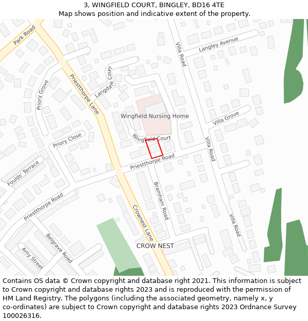 3, WINGFIELD COURT, BINGLEY, BD16 4TE: Location map and indicative extent of plot