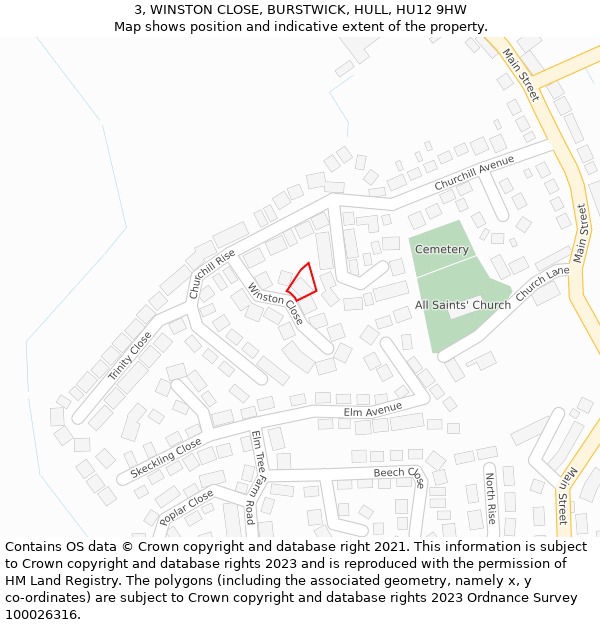 3, WINSTON CLOSE, BURSTWICK, HULL, HU12 9HW: Location map and indicative extent of plot